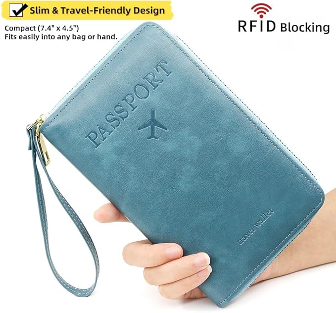 S-11 RFID Blocking Passport Holder Travel Wallet, Slim Zipper Card Case with ID Window, Boarding Pass Slot & Credit Card Organizer for Men and Women. (Navy Blue)