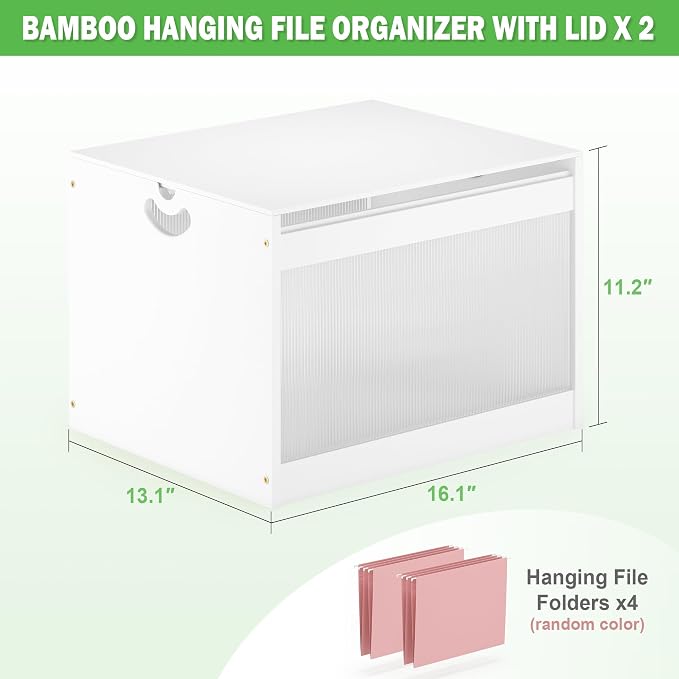 Hanging File Box Organizer for Letter Size 2 Pack, Bamboo Acrylic File Folder Storage with Lid Clear Wooden Moving Boxes Wood with Handle Desktop Filing Holder for Office Banker Document, White