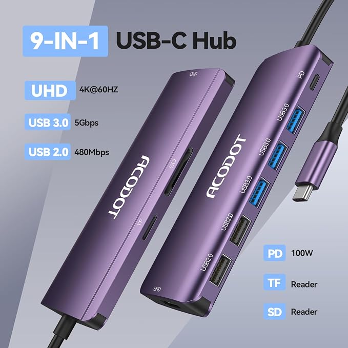 Acodot 9 in 1 USB C Hub - 4K@60Hz HDMI Adapter, 3 USB 3.0 Ports, SD/TF Card Reader, 100W PD, Multiport Adapter for MacBook Pro, Air, HP, XPS, Purple