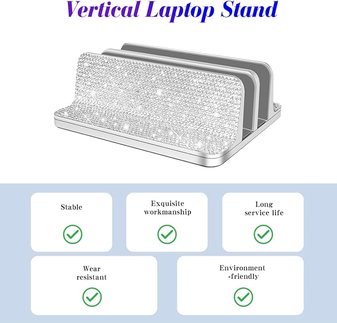 Bling Vertical Laptop Stand, Double Desktop Stand Holder with Adjustable Dock (Up to 17.3 inch),Compatible with All MacBook/Surface/Samsung/HP/Dell/Chrome Book (Silver Glitter Rhinestones)