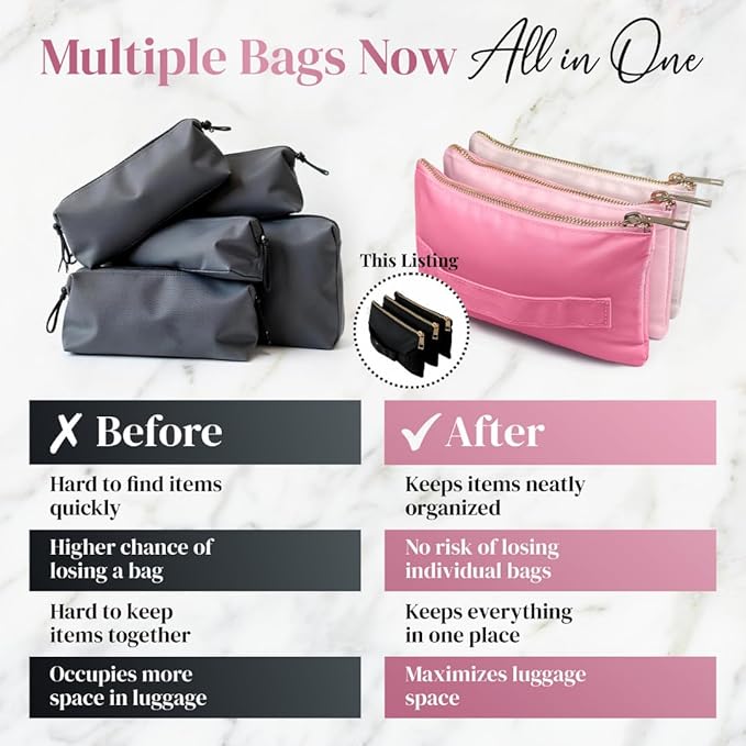 BOBBIE Accordion Travel Makeup Bag, Large Capacity Cosmetic Bags for Women, Durable & Compact Make up Organizer, Lightweight & Portable Zipper Pouch, Water-Resistant Toiletry Bag with 3 Compartments