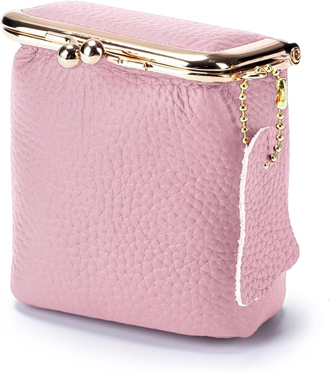 Litchi Leather Coin Purse for Women, Portable Vintage Wallet Mini Lipstick Holder Fashion Solid Color Kiss Lock Key Storage Square Pouch (Pink)