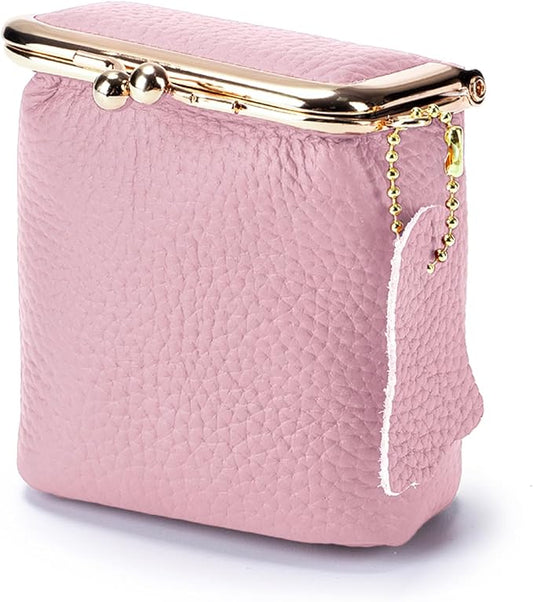 Litchi Leather Coin Purse for Women, Portable Vintage Wallet Mini Lipstick Holder Fashion Solid Color Kiss Lock Key Storage Square Pouch (Pink)