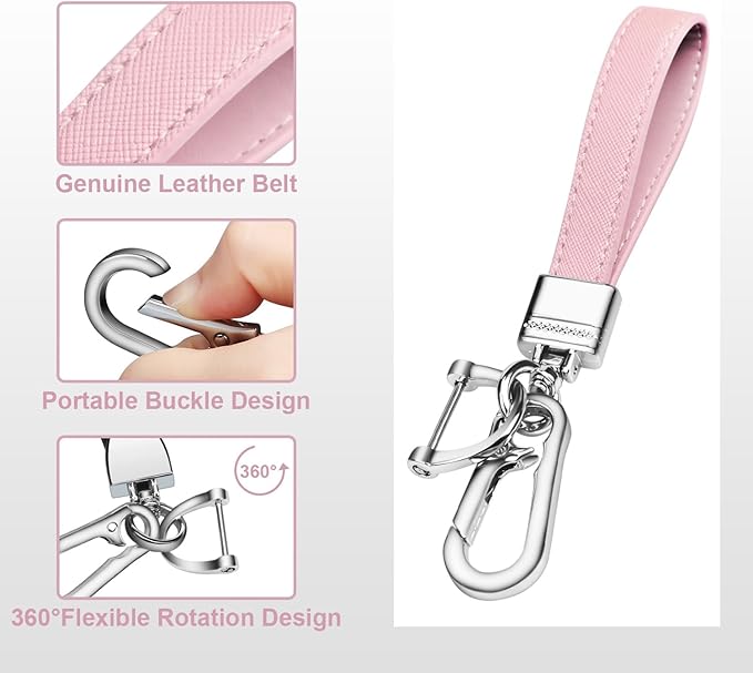 QBUC Genuine Leather Car Keychain,Universal Heavy Duty Metal Key Chain Accessories,Car Fob Key Keychain Holder with 360 Degree Rotatable Snap Swivel and Anti-Lost D-Ring for Men Women(Light Pink)