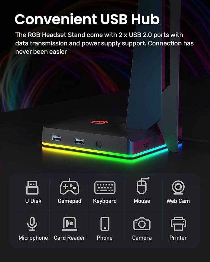 RGB Gaming Headset Stand with 2 USB Ports, Game Headphone Mount for PC, Xbox One, PS4, Switch, Earphone Holder Hanger, Great for Gaming Stations, Fancy Desk Gamer Accessories, Black