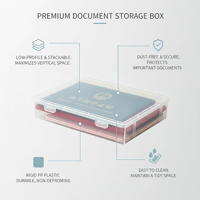 1 Pack Document Storage Box with Lid, Rigid PP Plastic File Organizer for Desktop and Drawer Organization