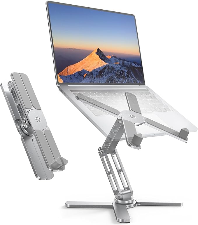 TECKNET 360° Rotating Laptop Stand for Desk, Ergonomic Foldable Computer Stand, Portable Laptop Riser Holder Adjustable Height Angles, Compatible with MacBook Air Pro All Laptops 10-17" Silver