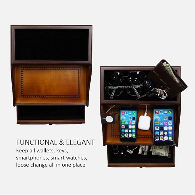 Pecan Brown Wooden Multi-Device Charging Station and Valet
