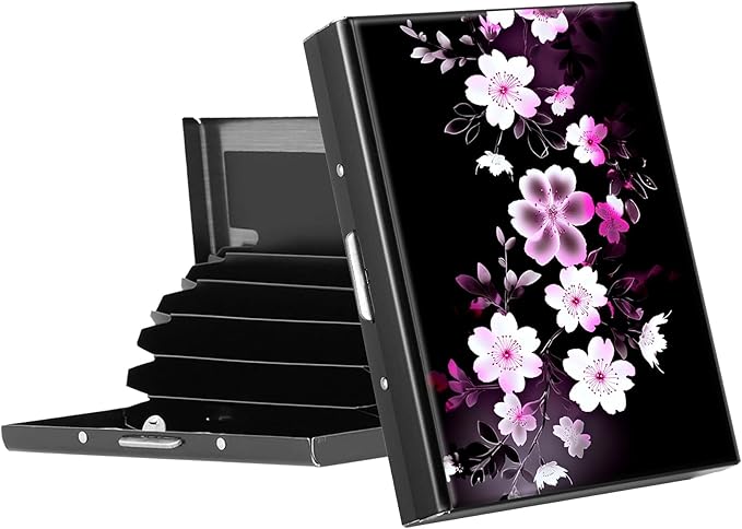 RFID Blocking Credit Card Holder - Slim Metal Wallet for Women & Men,Pink White Flowers Design Stainless Steel Business Card Case,Compact Pocket Organizer for Travel & Daily Use