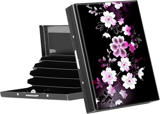 RFID Blocking Credit Card Holder - Slim Metal Wallet for Women & Men,Pink White Flowers Design Stainless Steel Business Card Case,Compact Pocket Organizer for Travel & Daily Use
