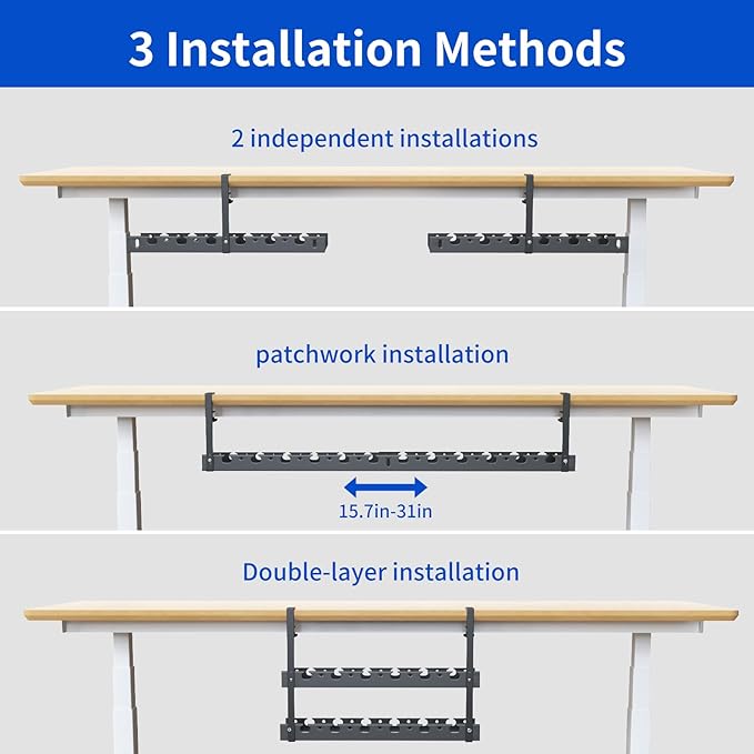 Under Desk Cable Management Raceway Clamp 2 Hole 31Inch No Dril Cord Organizer for Standing Desk Sturdy Metal Office Desk Wire Management - No Damage to Table