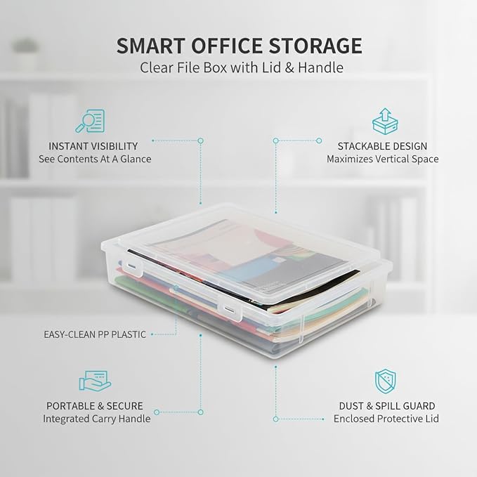 Low-Profile Rectangular File Box with Handle, Transparent PP Plastic Document Organizer for Desktop Storage