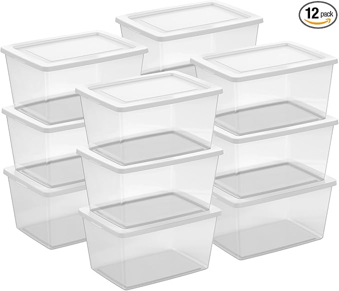 Sterilite 12 Pack Storage Boxes, Clear Plastic Stackable Containers, Lightweight Home Organizers with Snap Lids, 58 Quart, White