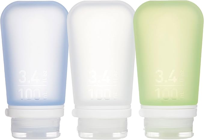 humangear GoToob+ Bottles - Silicone Leak-Proof Travel Tubes for Toiletries, Camping & TSA Carry-On (3-Pack), Large (3.4 fl oz; 100ml), Clear/Green/Blue