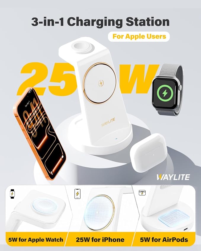 3 in 1 Fast Charging Station for iPhone, 25W Wireless Magnetic Phone Charger for iPhone 17 16e 16 15 14 13 12 Serise, Watch Charger Stand, Wireless Charging Station for AirPods 4 3 Pro, White