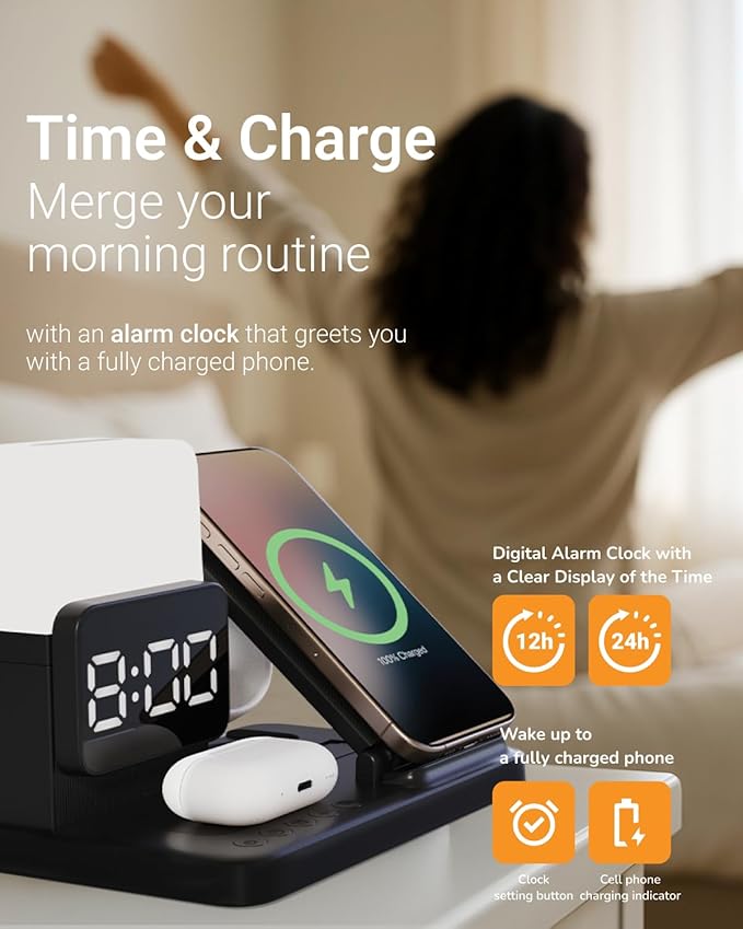 M.A.D LAB Bedside Apple Charging Station & Alarm Clock with Night Lamp ??Wireless Charger Designed for AirPods, AirPods Pro 2 & Apple Watch and Qi-Compatible for iPhone and Android Phone Charger
