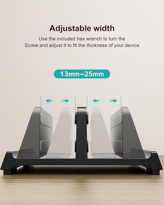 Vertical Laptop Stand for Desk, Dual Slots Plastic Laptop Holder with Space Saving 4-in-1 Design, Adjustable Width Supports MacBook, Chromebook, Surface, Dell (Black)