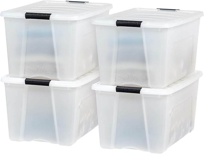 IRIS USA 72 QT Plastic Storage Box with Lid and Latches - 8 Pack - BPA-Free, Discreet Organizing Solution, Durable Nestable Stackable Containers, Secure Pull Handle - Pearl
