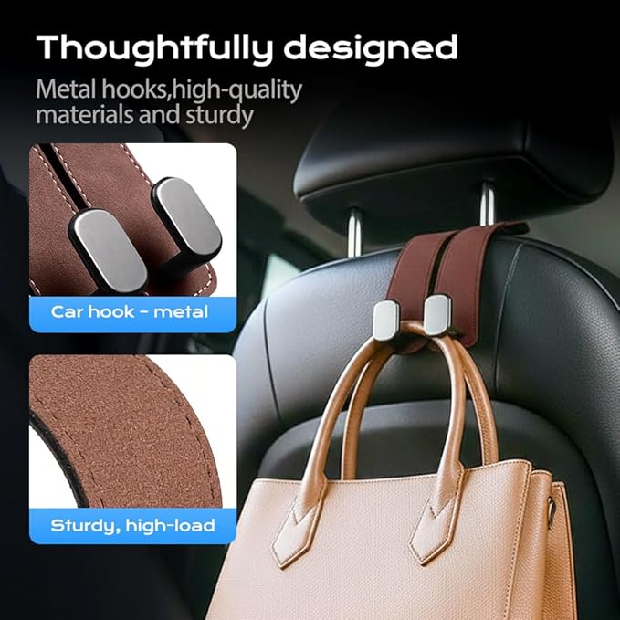 Car Purse Hook, Leather Headrest Hooks for Car, Heavy Duty Car Hooks, Universal Purse Holder for Car Seat, Vehicle Organizer Hanger for Handbag Grocery Bag Backpack Coat (Grey-2sets)
