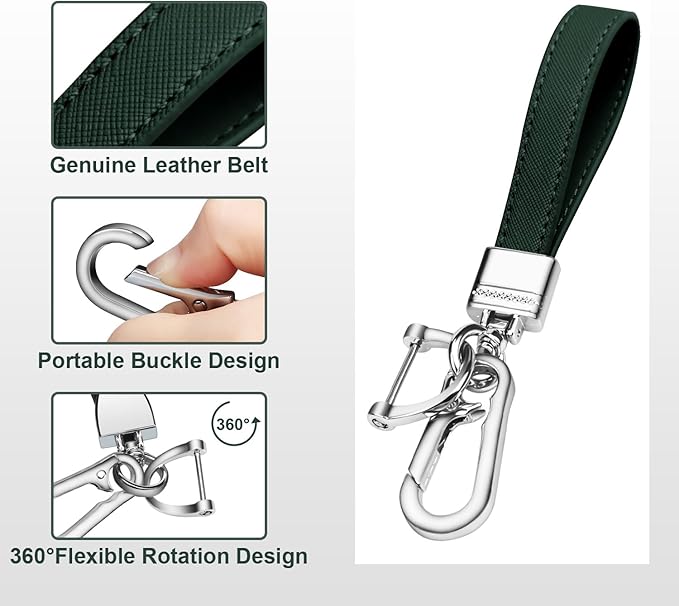 QBUC Genuine Leather Car Keychain,Universal Heavy Duty Metal Key Chain Accessories,Car Fob Key Keychain Holder with 360 Degree Rotatable Snap Swivel and Anti-Lost D-Ring for Men Women(Dark Green)