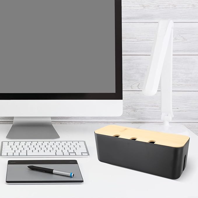 FABULETTA Desktop Cord Organiser Box with Wooden Lid, Cable Management Solution for Power Strip Hider, ABS Plastic Wire Storage Container and Junction Box Cover for Home Office Use(black)