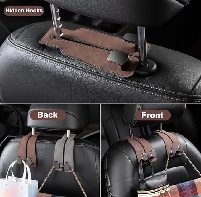 Car Seat Headrest Hooks – Premium Microfiber Leather and Alloy Hangers for Handbags, Purses Coats Groceries Umbrellas Heavy Duty Hook Holds Up to 45 lbs Keep Your Car Clean and Organized (Black)