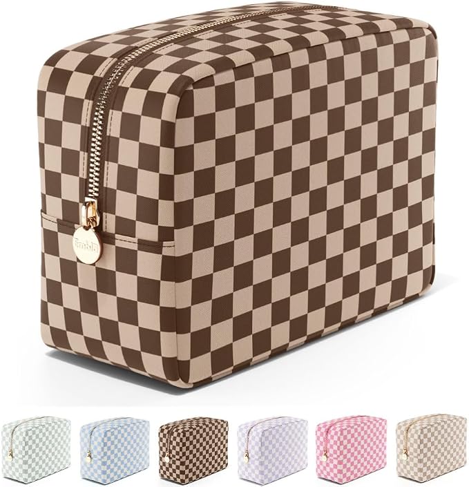Makeup Bag Travel Cosmetics Pouch and Toiletry Bag, Nylon Zipper Pouch Purse, Cute Make Up Organizer Storage Tote for Women Girls, Travel Skincare Case, Large Makeup Case, Chocolate Sand Checkered