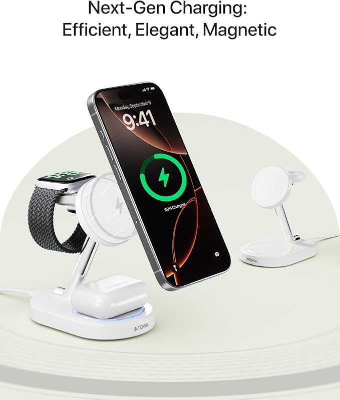 Intoval Fast Charging Station for Magsafe Apple Devices, Wireless Charger for MagSafe iPhones, 3 in 1 Magnetic Charger Stand for iPhone16/15/14/13, Apple Watch & AirPods
