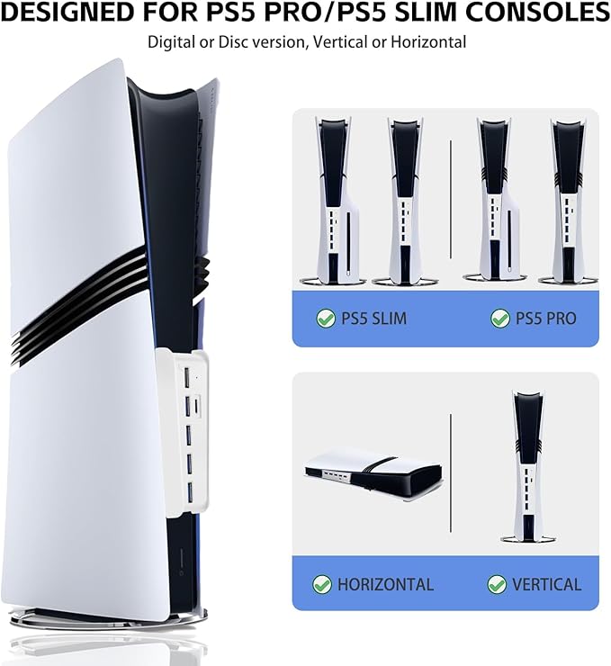 6 Ports USB Hub for PS5 Pro/Slim Console, High-Speed Expander Hub Charger Port with 4 USB-A 2.0 + 1 USB Charging Port + 1 Type C Port, Compatible with PlayStation 5 Pro/Slim Front Jacks, White