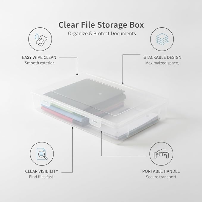 Low-Profile Rectangular File Box with Handle, Transparent PP Plastic Document Organizer for Desktop Storage
