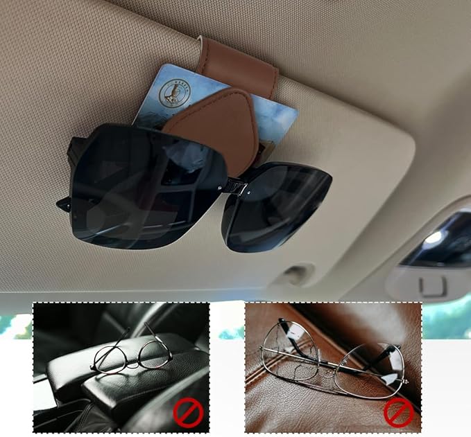 Magnetic Sunglass Holder for Car Visor, Sunglasses Visor Clip, Magnetic Leather Vehicle Glasses Ticket Card Clip, Automotive Eyeglass Hanger Organizer Accessories for Most Vehicles (Brown)