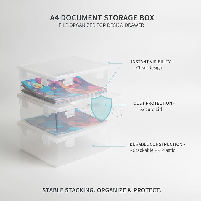 A4 Document Storage Box with Lid, Clear PP Plastic File Organizer for Desk and Drawer, Stackable Paper Container (1 PC)