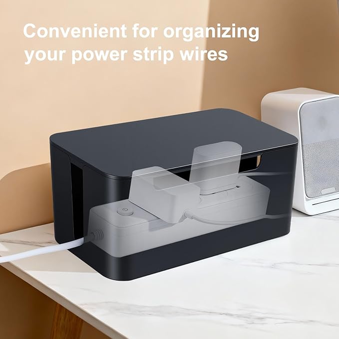 Eichzer Cable Management Box, Premium Cord Organizer Box to Hide Surge Protector on Desk, Power Strip Cover for TV Computer Home Router Office (Black)