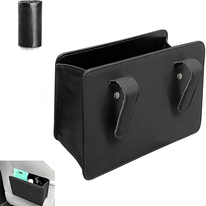 Car Trash Can, Leather Foldable Waterproof Garbage Organizer with 1 Roll Trash Bags, Multi-Function Hanging Interior Holder for Car SUV (Black)