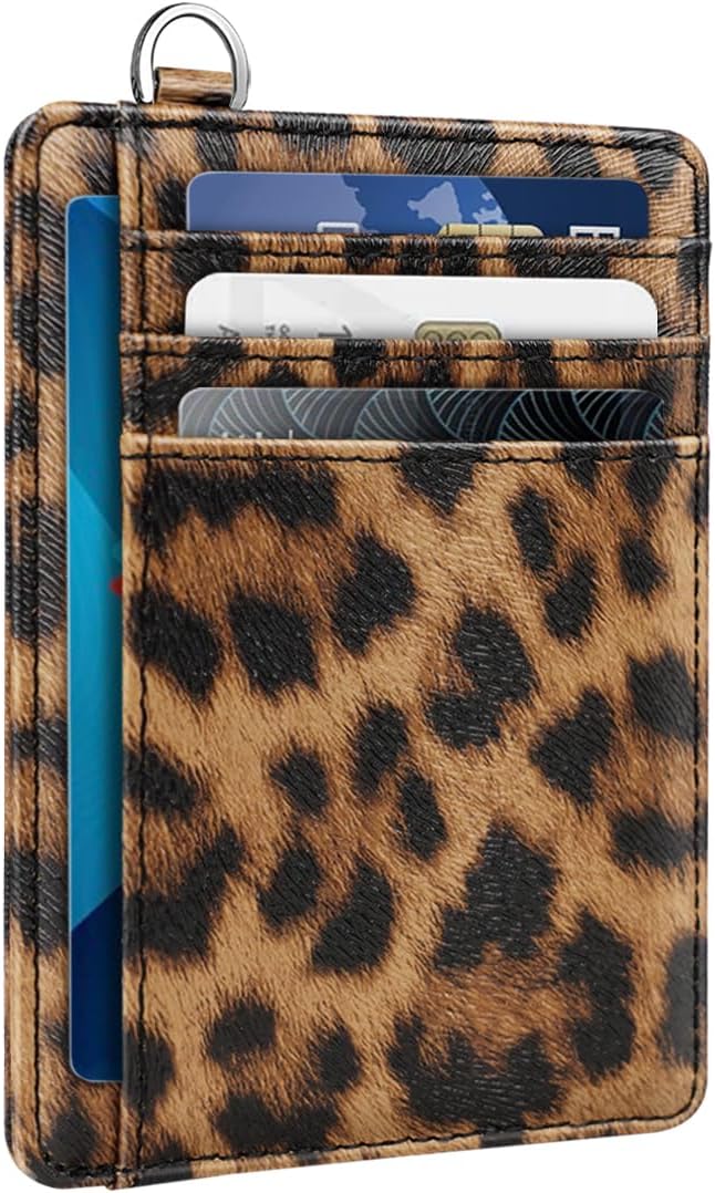 Coco Rossi Slim Front Pocket Wallet RFID Leather ID Card Holder Cute Small Wallet with Keychian for Women,Brown Leopard