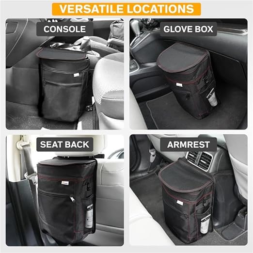 EcoNour Car Trash Can 2.5 Gallon with Lid & Storage Pockets | Waterproof Hanging Garbage Bin with Removable Inner Bag | Automotive Accessories for SUVs, Trucks & More | Black