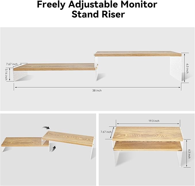 Adjustable Monitor Stand Riser with Acrylic Legs丨7.67" Wide Dual Monitor Stand for Desk丨2-Tier Wood Desktop Organizer for Computer, Laptop, Printer & PC丨Modern Aesthetic Desk Shelf(wood-glacial striae)