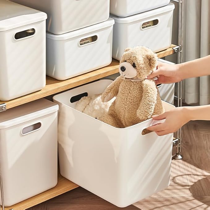 10 pack large plastic White storage bins with Lids, Toy Box Chest with Handle，Organizer Containers Baskets for Baby,Nursery，Shelves，Playroom, Bedroom，Office,Closet，home (White, 5XL+5S)