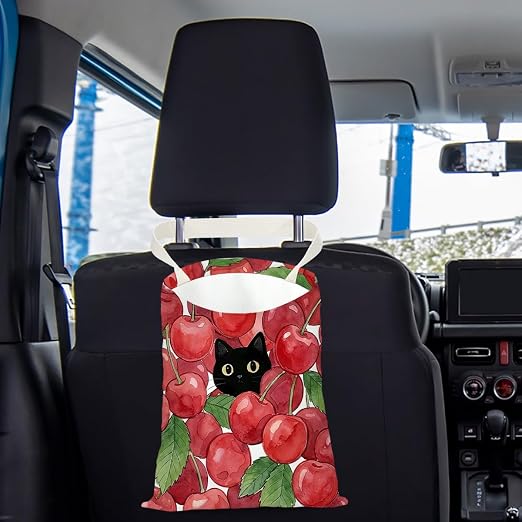 Black Cat Car Trash Bag, Cherry Car Trash Bag Hanging, Cherry Accessories, Summer Decor Waterproof Cars Back Seat Hanging Organizer Garbage Can for Vehicle Travelling Camping