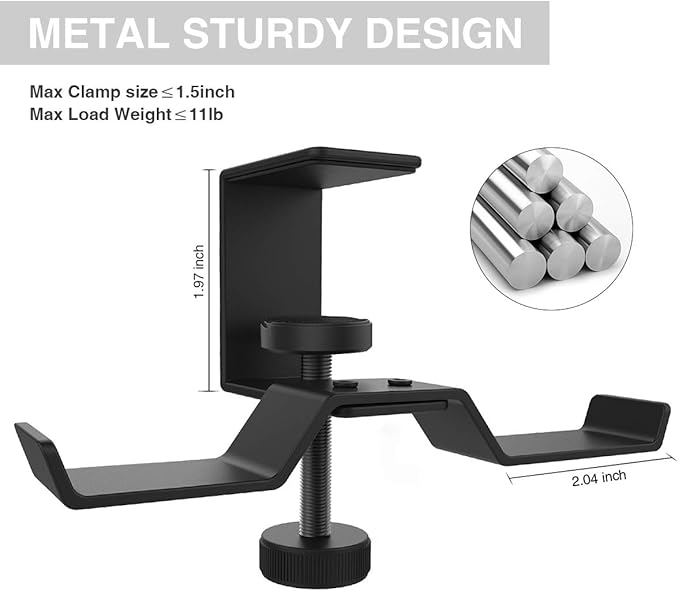 6amLifestyle Under Desk Dual Headphone Hanger, Metal Headset Stand Gaming Earphone Holder Universal Clamp on Desk Hanger Hook for All Headsets, Black (Patent)