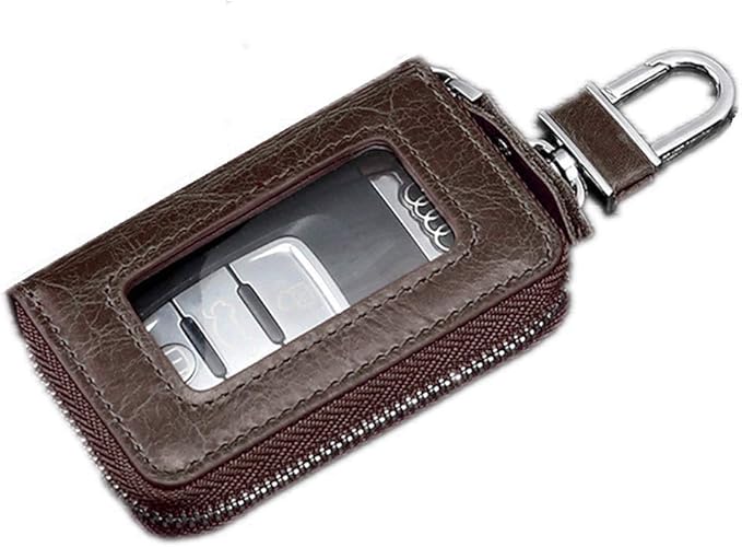BAKUN Premium Mini Leather Car Key Case, Car Smart Key Chain Holder Wallet Zipper Bag for Remote Key Fob