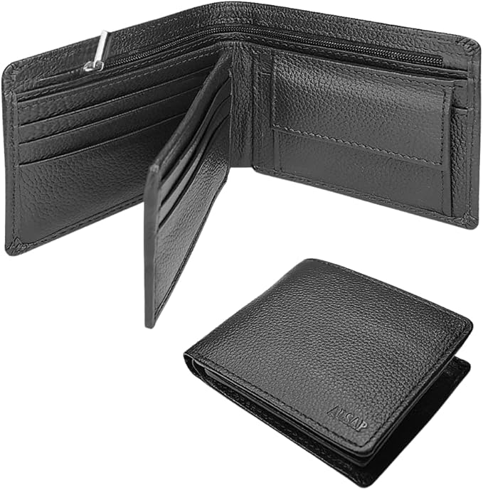 Premium Leather Mens Wallets ‒ RFID Blocking Wallet with Coin Pocket & Zip ‒ Bifold Wallets for Men with 12 Card Slots & 2 Bank Note Compartments ‒ Wallet with Gift Box (Black)