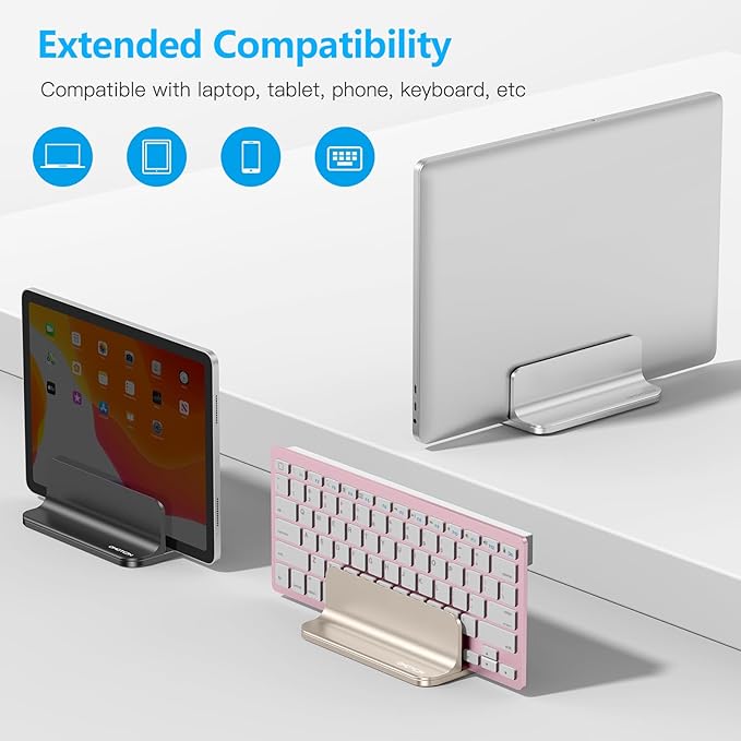 OMOTON Vertical Laptop Stand Holder, Desktop Aluminum Stand for MacBook with Adjustable Dock Size, Fits All MacBook, Surface, Chromebook and Gaming Laptops (Up to 17.3 inches), Starlight