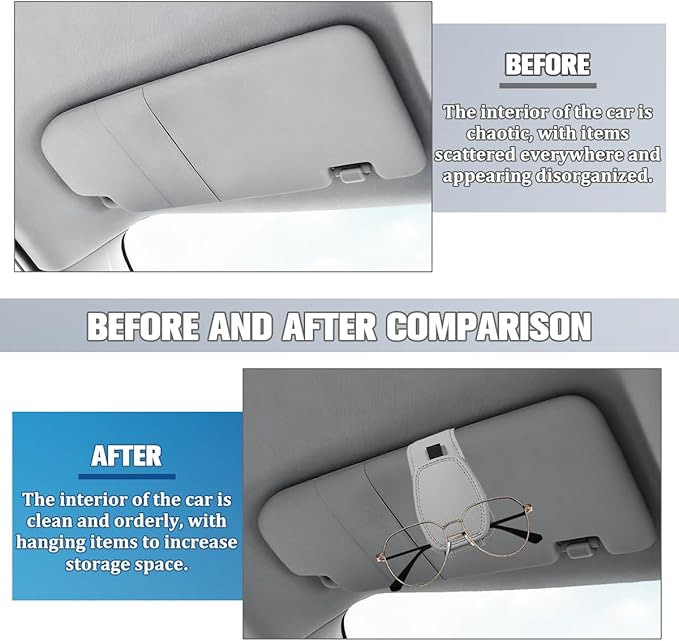 Sunglass Holder for Car Visor, Magnetic Leather Vehicle Sun Visor Storage Clip for Different Size Eyeglasses, Automotive Interior Glasses Ticket Card Clip, Universal for SUV RV Truck (Gray)