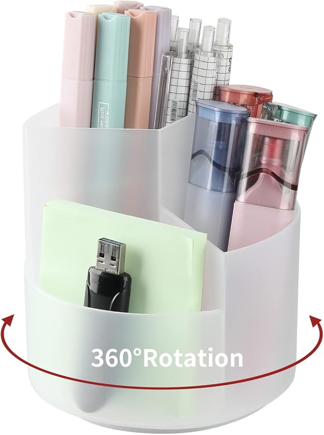 Desk Pencil Pen Holder, 3 Slots 360-Degree Spinning Organizers, Desktop Storage Stationery Supplies, Cute Cup Pot for Office, School, Art Supply, Kids - Clear