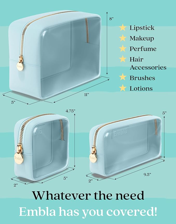 Embla 3 Piece Clear Makeup Bag Set for Toiletries Large Medium Small Skincare Organizer Zipper Pouches Travel Toiletry Bathroom Bags Women Girls Cute Make Up Cosmetic Nylon Pouch Blue