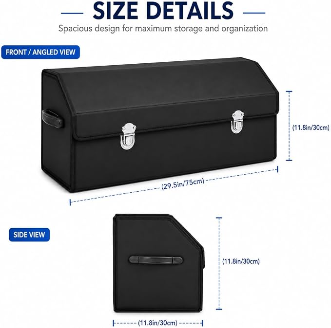 Car Trunk Organizer with Lid,Foldable Faux Leather Cargo Storage Box,3 Compartments,Collapsible Multi-Functional for SUV,Sedan,Vehicle Trunk, Black