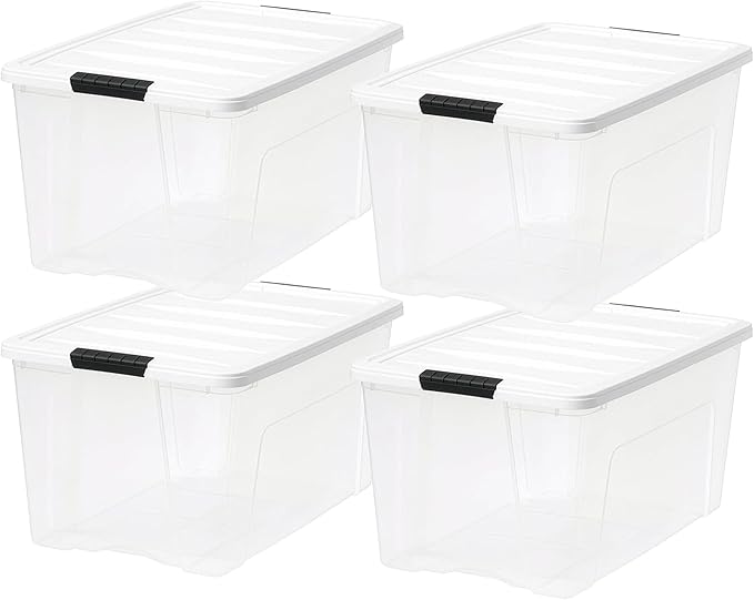 IRIS USA 72 Qt Stackable Plastic Storage Bins with Lids, 8 Pack - BPA-Free, Made in USA - See-Through Organizing Solution, Latches, Durable Nestable Containers, Secure Pull Handle - Clear/White