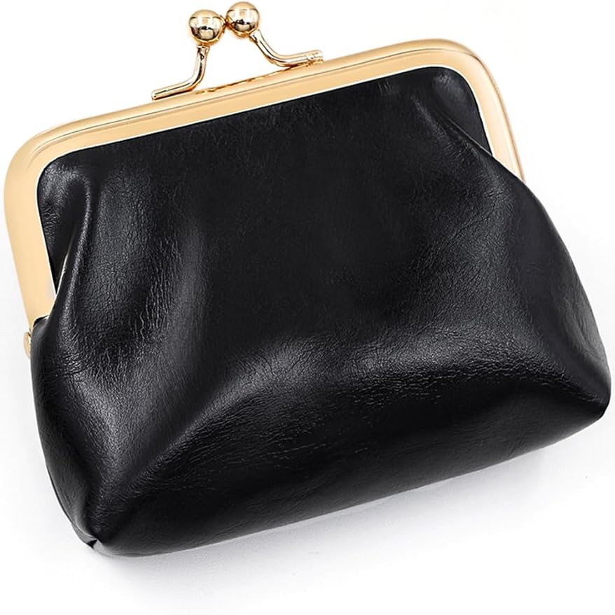 Women’s Small Coin Purse, Vintage PU Leather Change Purse, Rectangle Kiss Lock Coin Pouch, Pocket-Sized, Solid Color, Mini Coin Purse for Women - Black