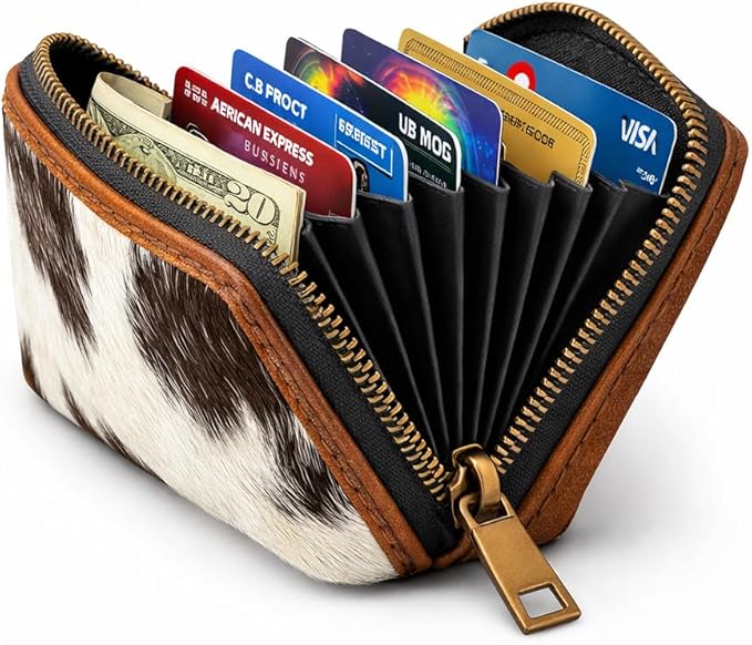 ESS Cowhide Leather Hair-On Wallet Women Small Zip Accordion Card Holder RFID Compact Organizer with Coin Pocket Secure Zipper Stylish Gift Pouch Minimal Everyday Carry